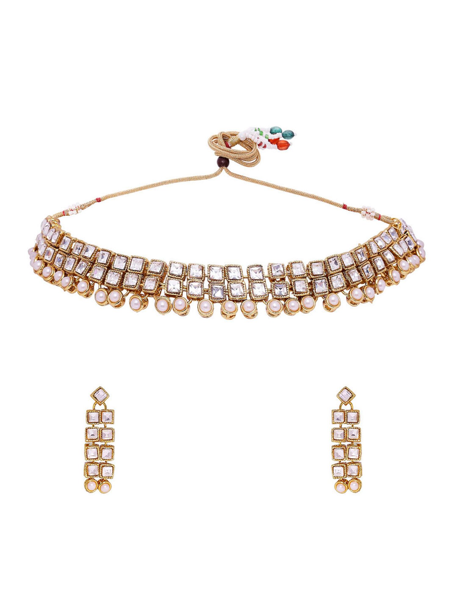 OOMPH Gold Tone Jadau Kundan & Pearl Delicate Choker Necklace Set with Drop Earrings