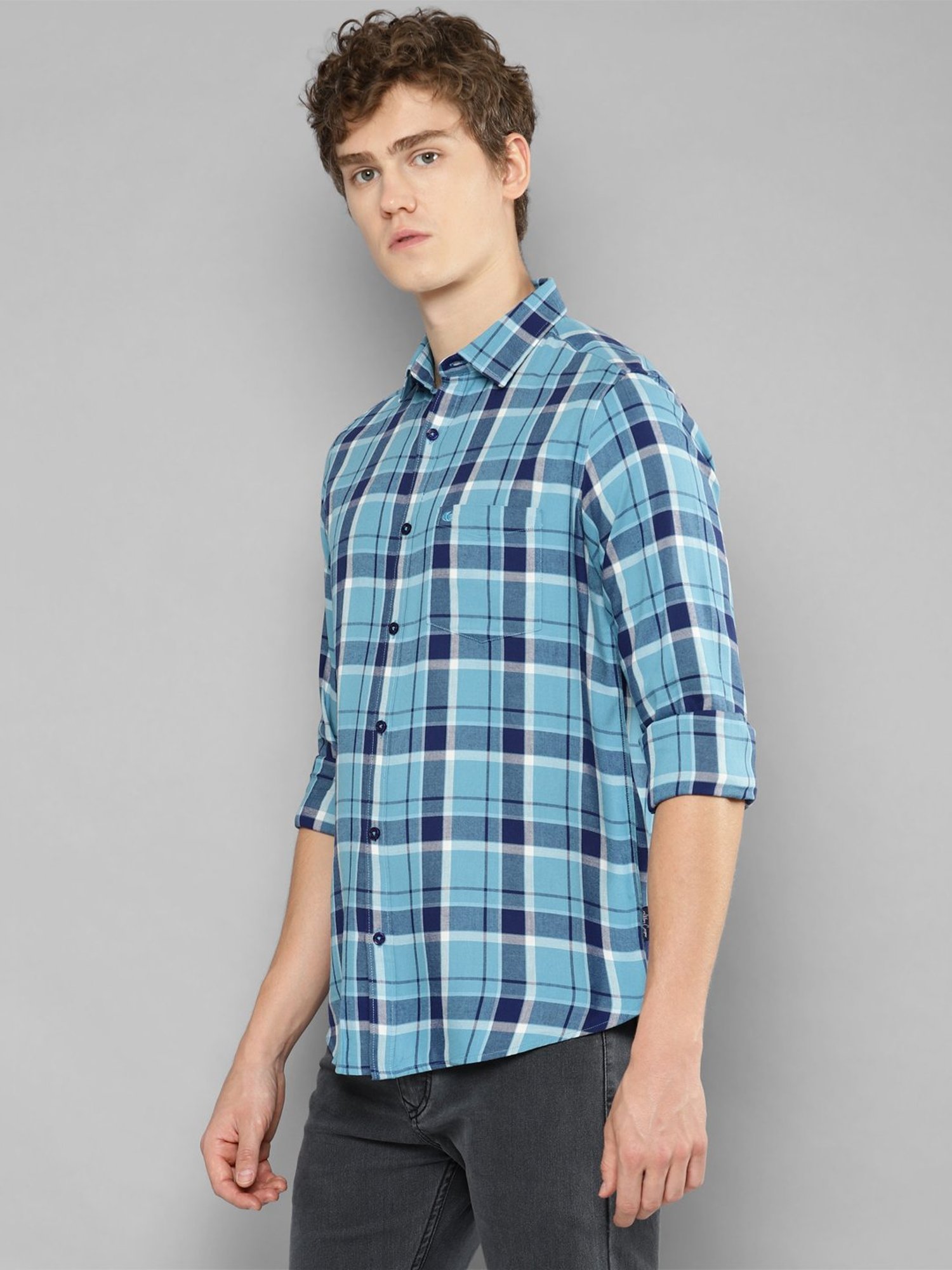 Allen cooper Blue Regular Fit Check Cotton Shirt