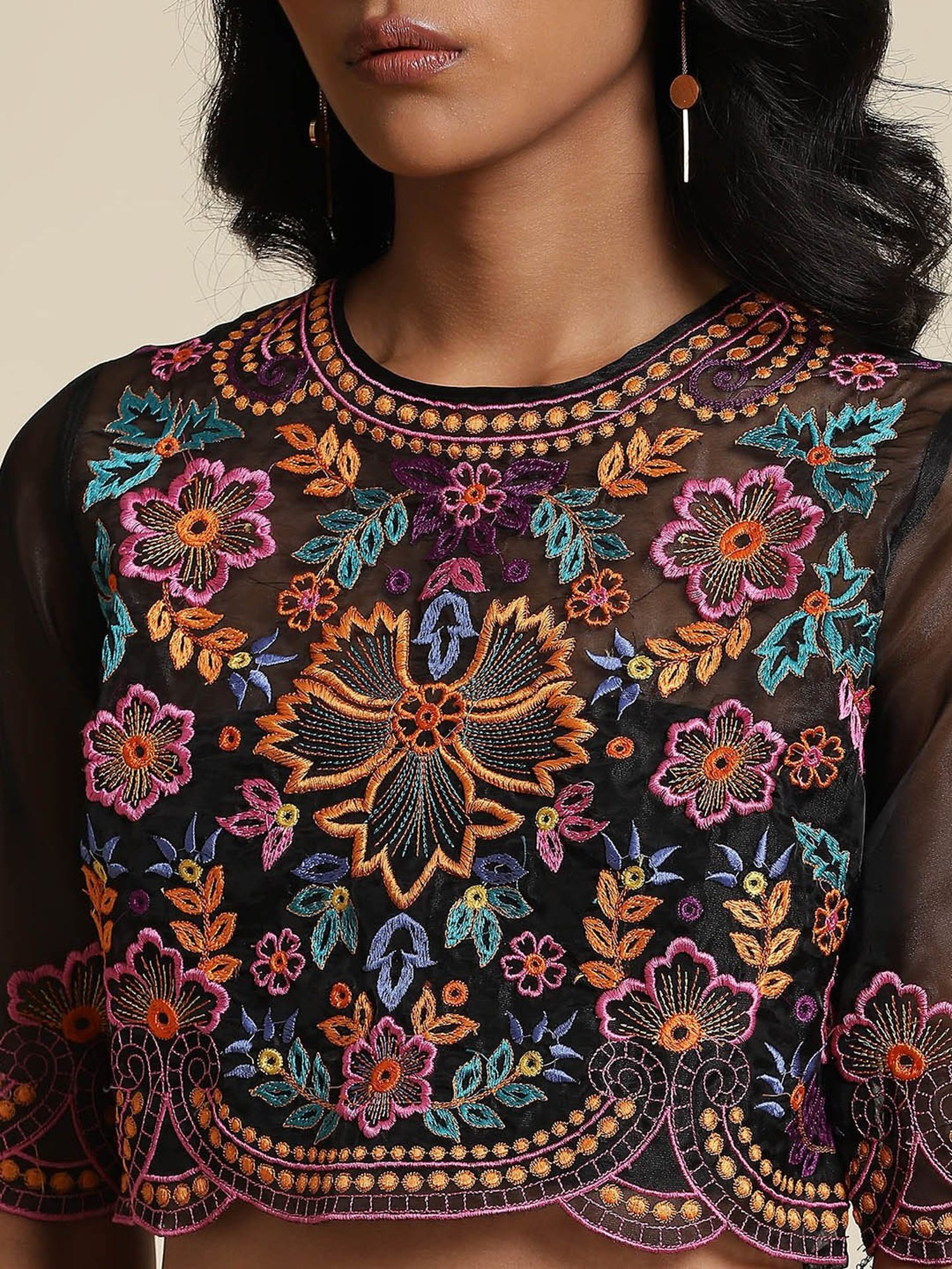 Label Ritu Kumar Black Embroidered Crop Top With Camisole