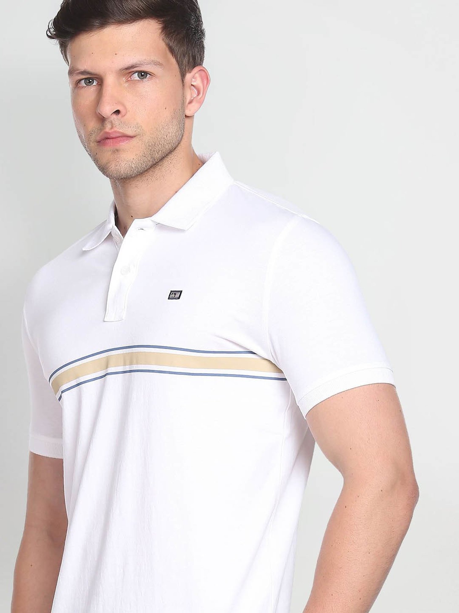Arrow Sport White Cotton Regular Fit Striped Polo T-Shirt