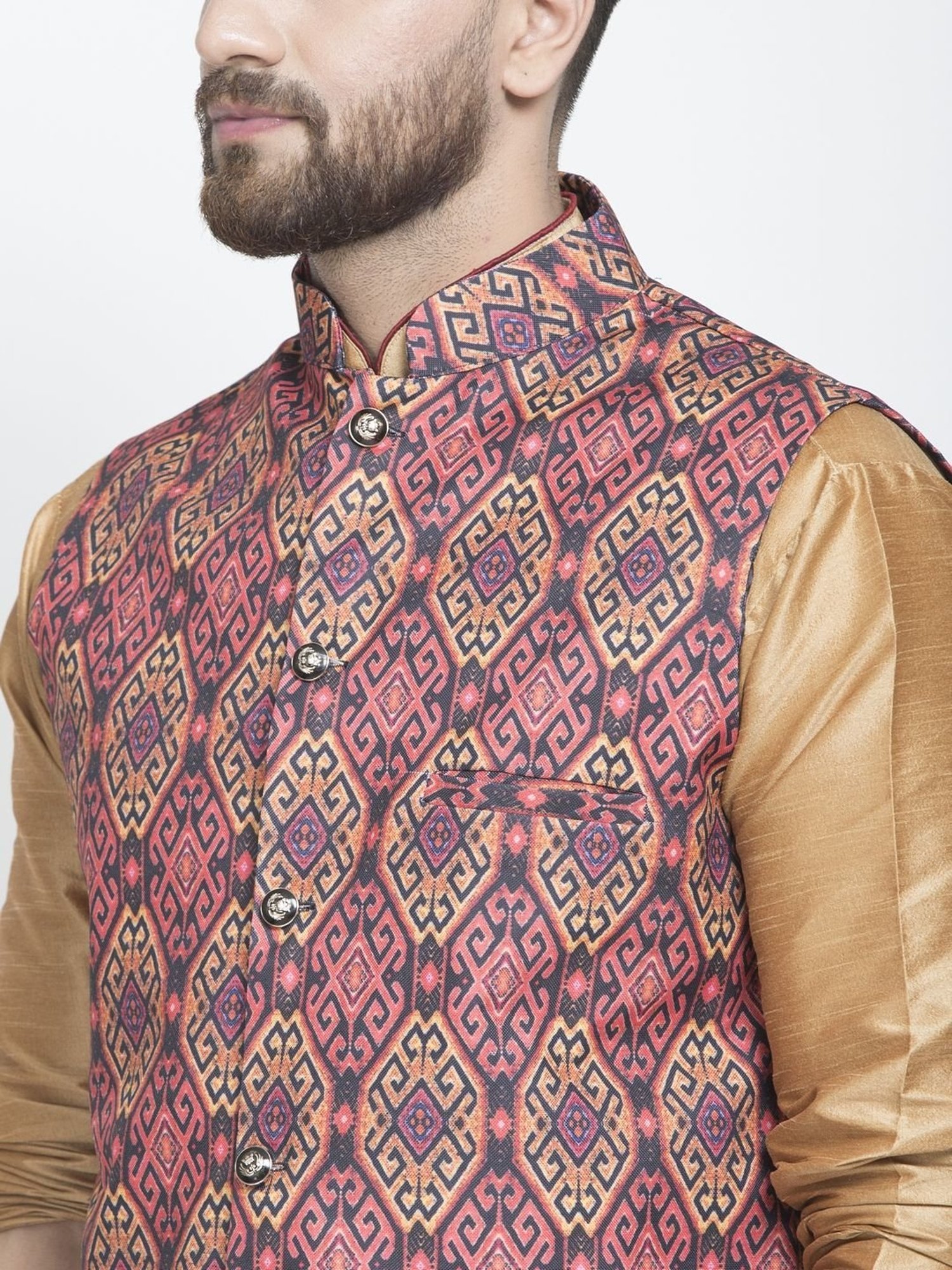 Benstoke Copper & Rust Regular Fit Geometric Kurta Set With Jacket