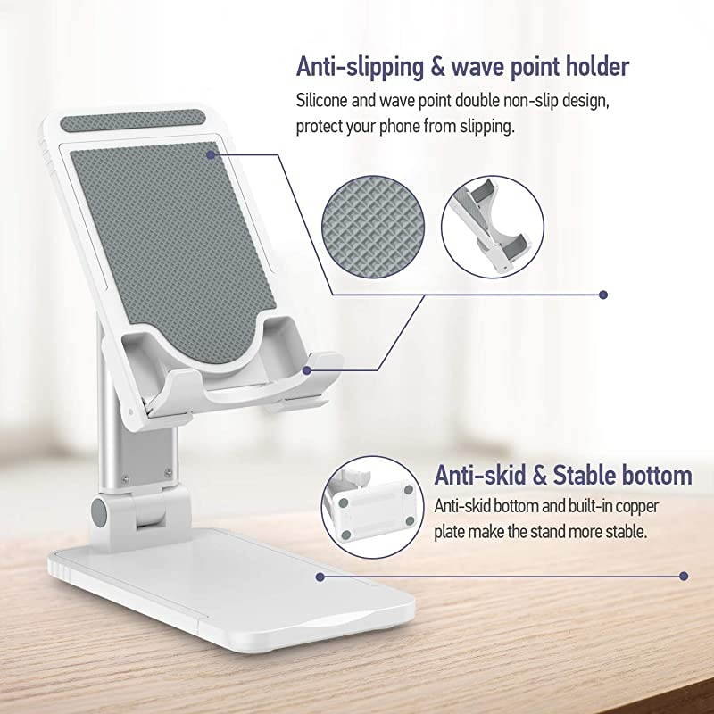 Cell Phone Stand  Angle Height Adjustable Cell Phone Stand for Desk Thick Case Friendly Phone Holder Stand for Desk Compatible with All Mobile Phones White
