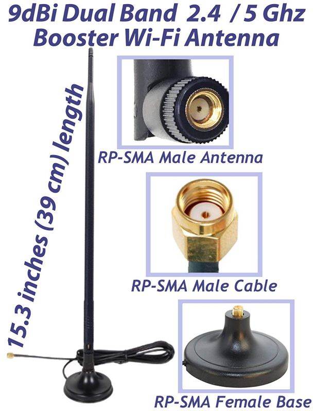 Dual Band Wi-Fi 9dbi Booster Long Range Omni Directional 2.4/5Ghz 802.11n/b/g Antenna with RP-SMA Male Connector on Magnetic Base (19,5"/50cm RG174 Coaxial Cable)