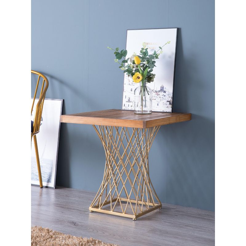 Bold Tones Modern Square Wood and Gold Metal Side Table