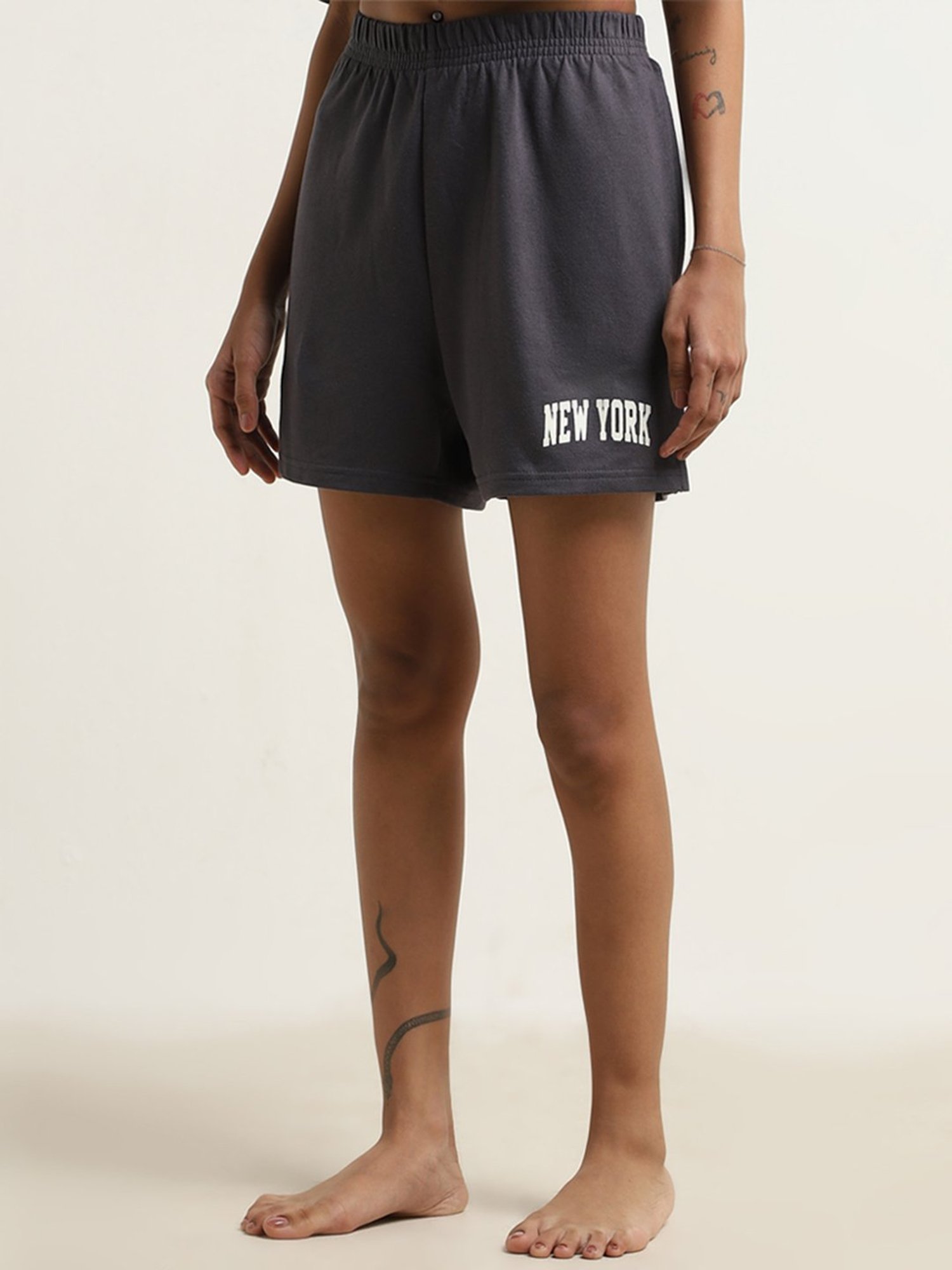 Superstar by Westside Grey Text Printed High-Rise Cotton Shorts