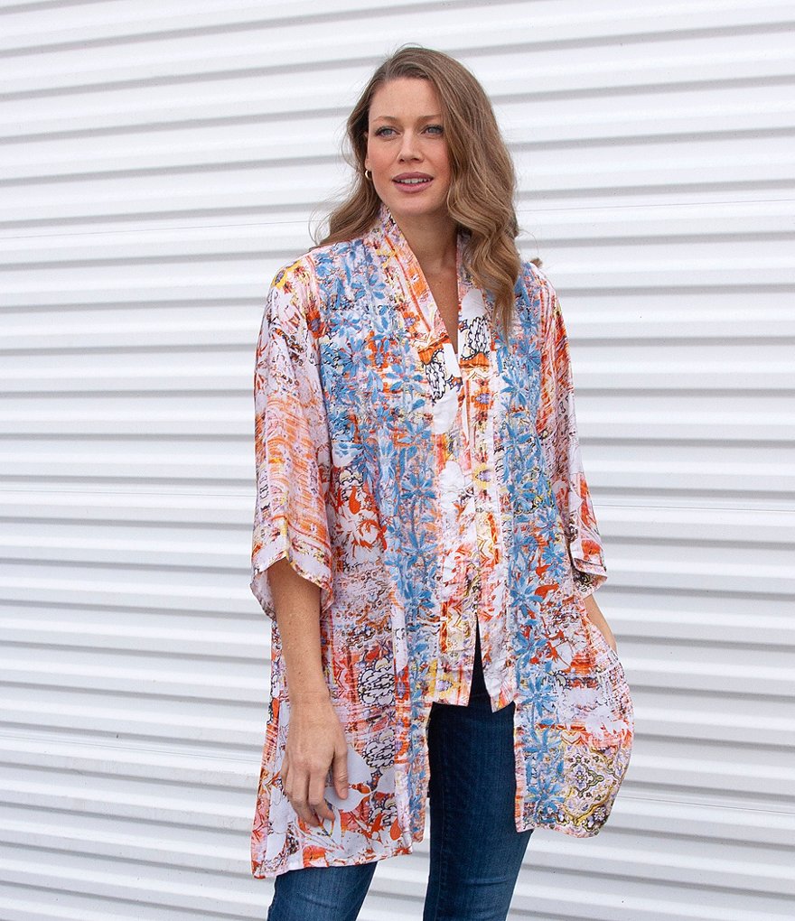 Karyn Seo Ana Embroidered Print Silk Blend Shawl Collar Cardigan