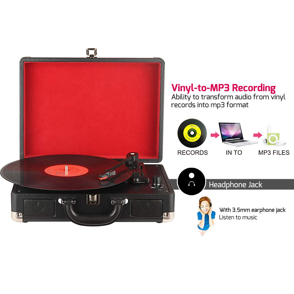 DIGITNOW Turntable Record Player 3speeds with Built-in Stereo Speakers, Supports USB / RCA Output / Headphone Jack / MP3 / Mobile Phones Music Playback,Suitcase Design(Black)