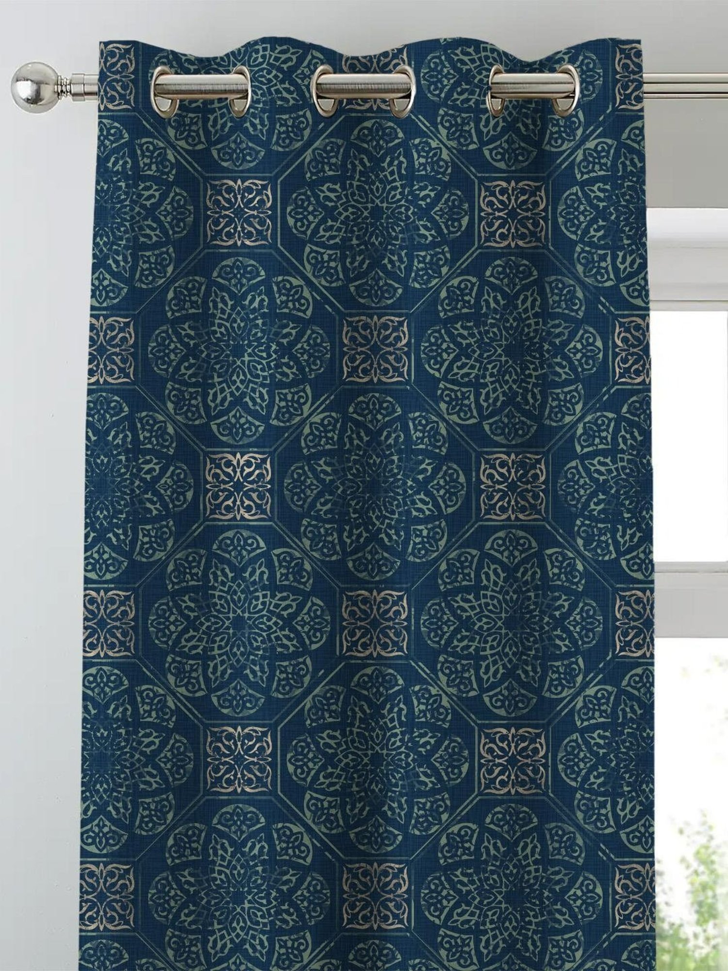 SPACES DRAPE STORY Elegent Digital Print Teal Green Polyester 5 ft Window Curtains - Set of 2