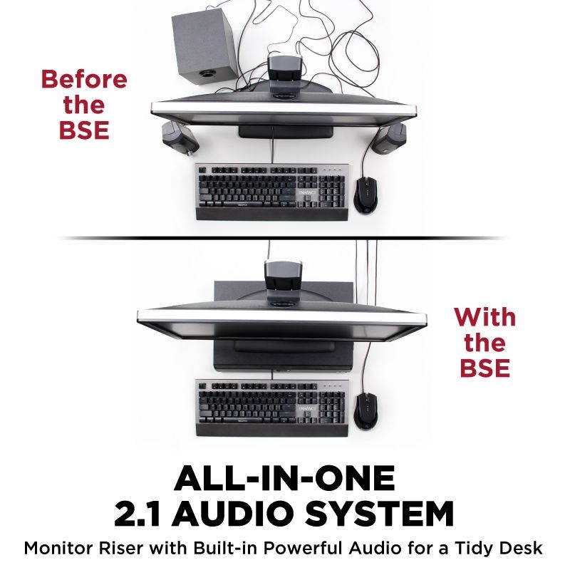 GOgroove USB Computer Speaker and Monitor Stand - SonaVERSE BSE Sound Base with Built-in Subwoofer and 3" Desk Monitor Riser 2-in-1 System, Microphone and Headphone Jack, Volume and Bass Controls