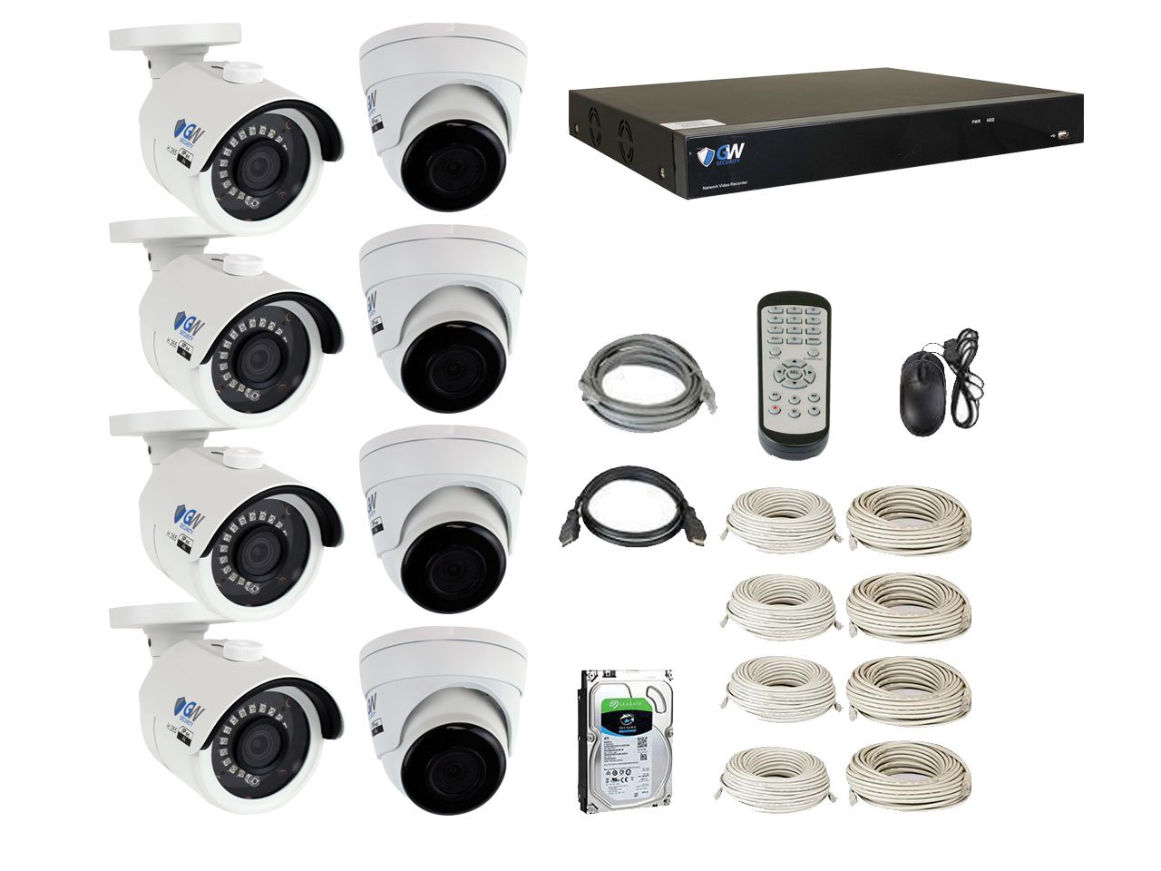 GW 4K UltraHD 8MP PoE IP Security Camera System, 8-channel H.265 NVR UHD 4K Output, 8 x 4K 8 Megapixel WDR Weather Proof PoE Dome IP Cameras, Smart Video Search Customizable Motion Detection, 2TB HDD