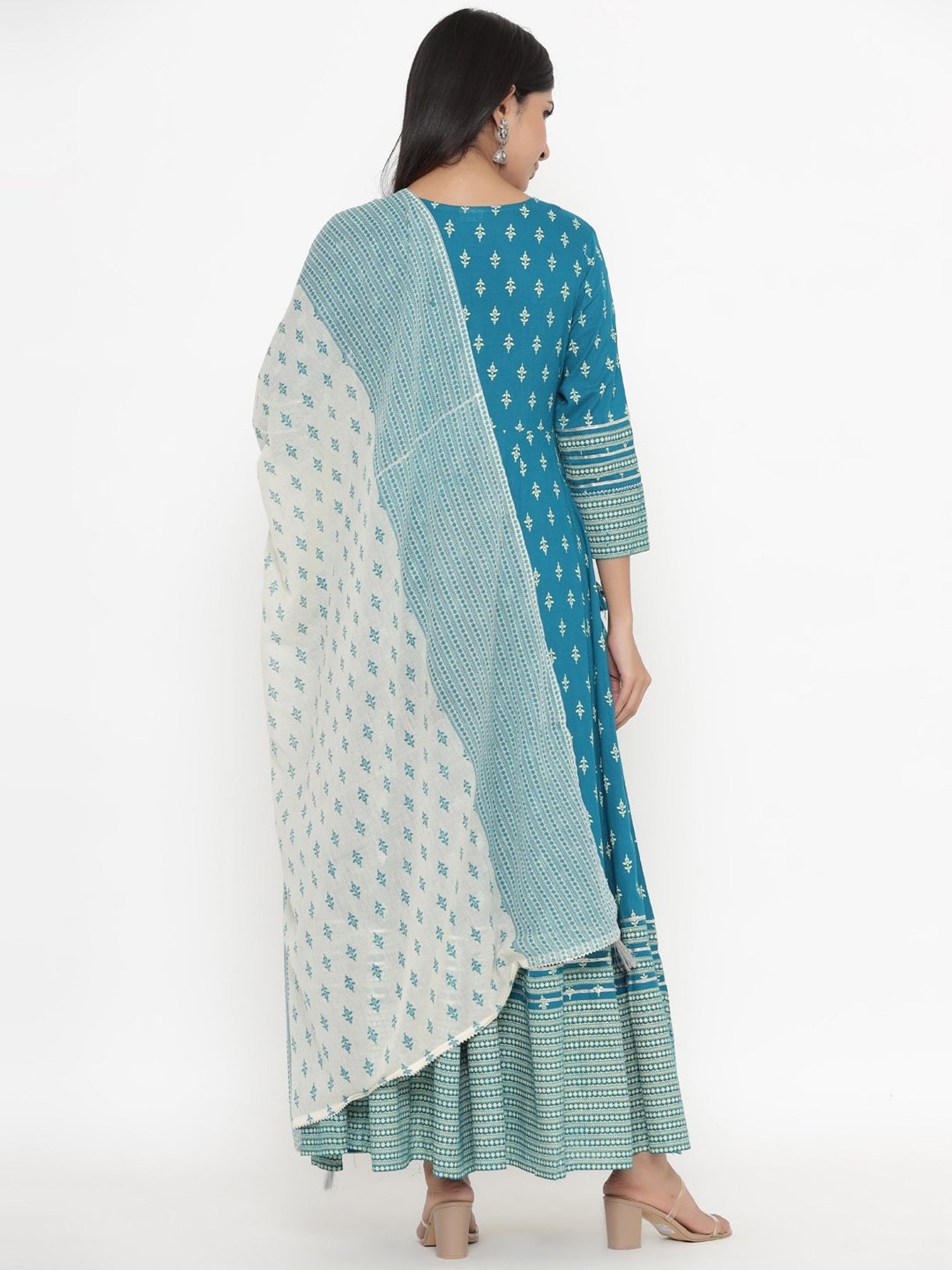 Kipek Blue Printed A Line Kurta With Dupatta