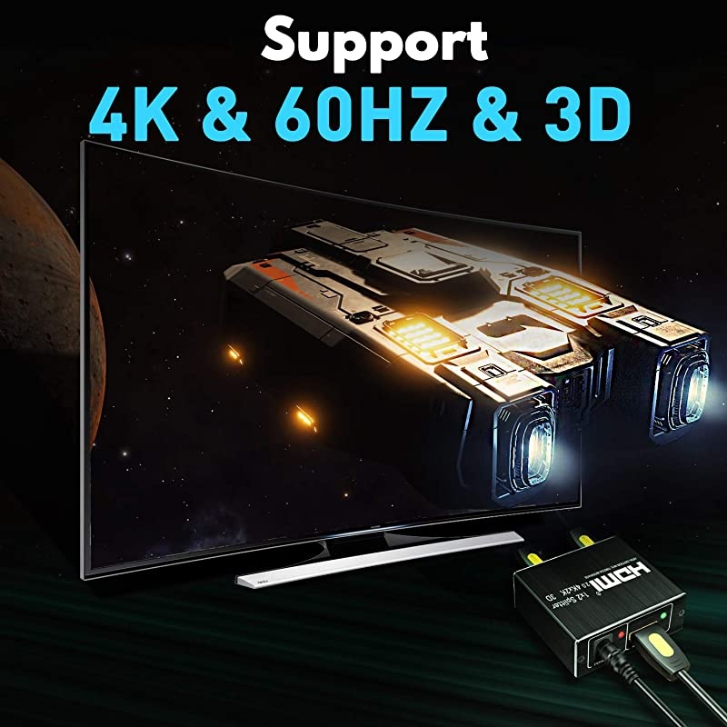 Splitter 1 in 2 Out, Splitter 1 to 2 Amplifier for Full HD 2.0 1080P/ 3D/ 4K for Xbox PS4 PS3 Fire Stick Roku Blu-Ray Player Apple TV HDTV