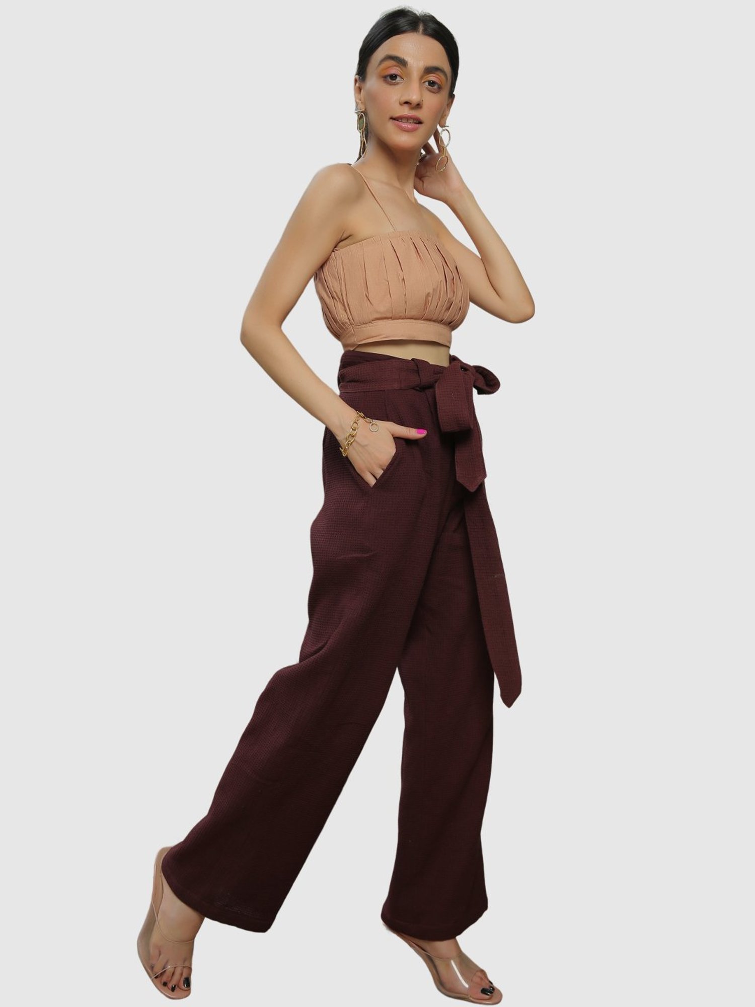 KAORI BY SHREYA AGARWAL Beige & Maroon Cotton Crop Top Pants Set