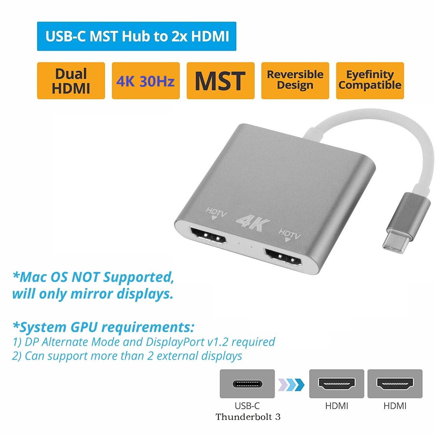 Type-C to Dual HDMI 4K 30Hz Ultra HD Video Converter, USB-C to 2 x HDMI HUB, Dual HDMI Output From USB C Port of Your Laptop or Mobile Phone.
