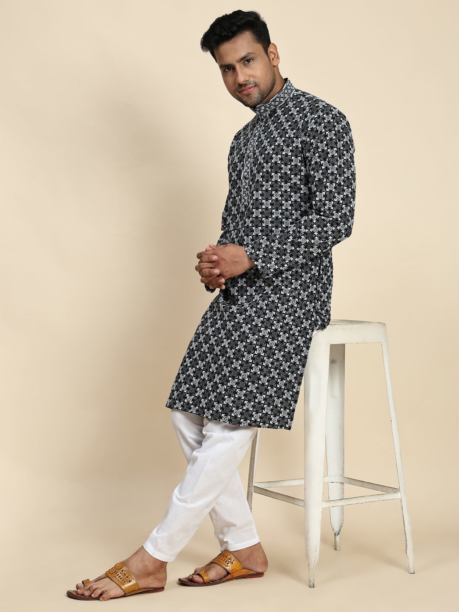 Pro-Ethic Style Developer Black & White Cotton Regular Fit Embellished Kurta Bottom Set