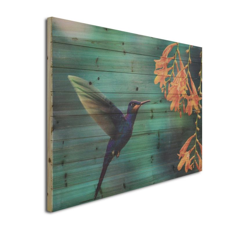 24" x 36" Hummingbird Print on Planked Wood Wall Sign Panel Teal Blue - Gallery 57