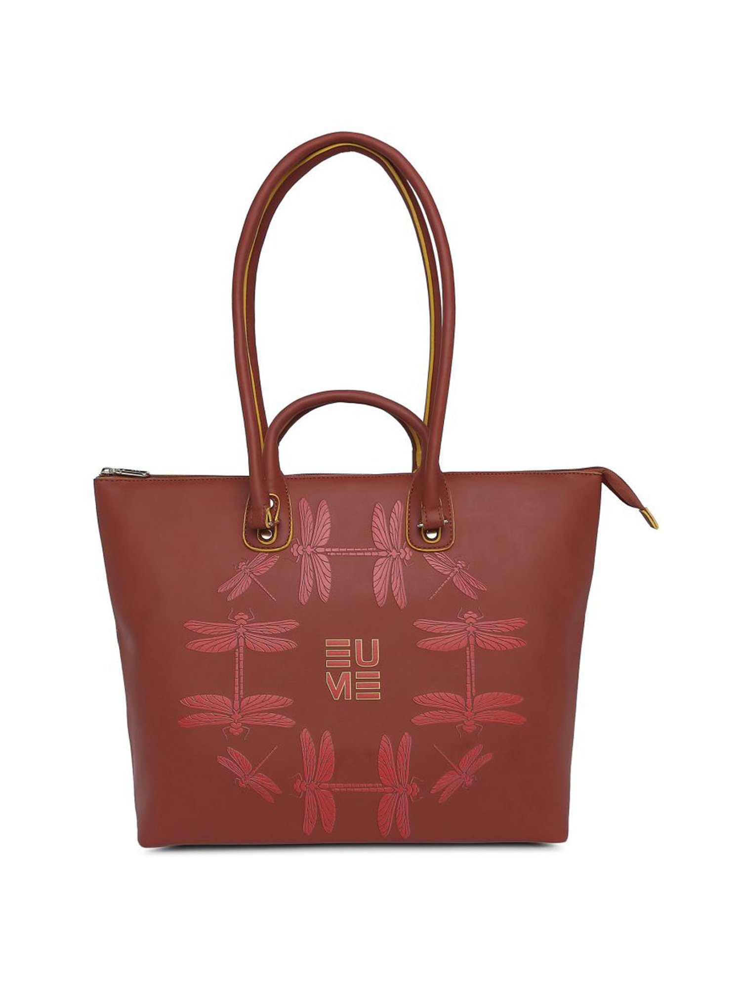 Eume Dragonfly Hot Sauce Red Leather Printed Tote Handbag
