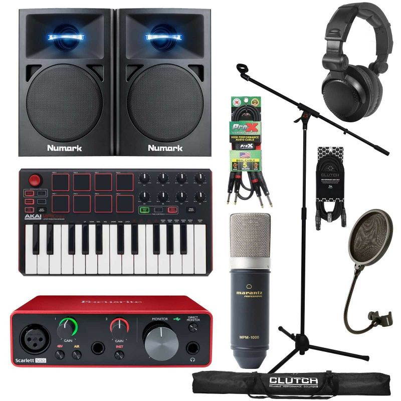 Home Recording Bundle w Speakers, Focusrite Solo 3rd Gen, Akai MPK Mini MKII