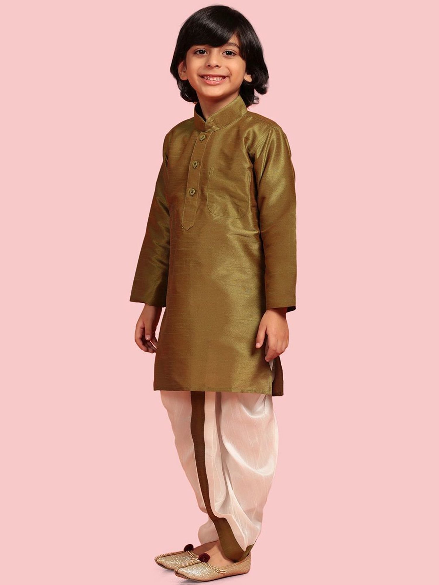 AJ Dezines Kids Olive Green & White Regular Fit Full Sleeves Kurta Set