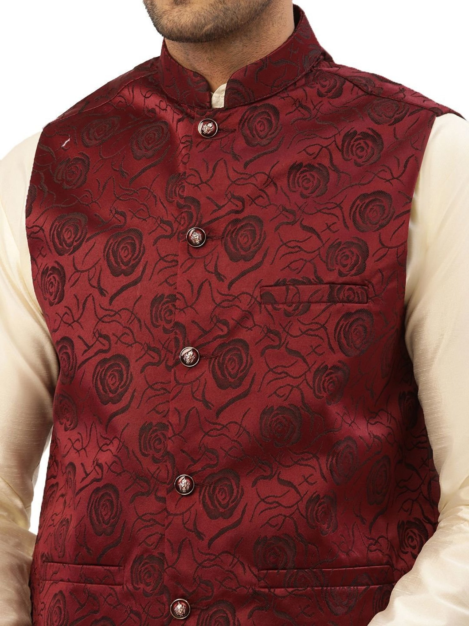 Jompers Maroon Cotton Regular Fit Floral Print Nehru Jackets