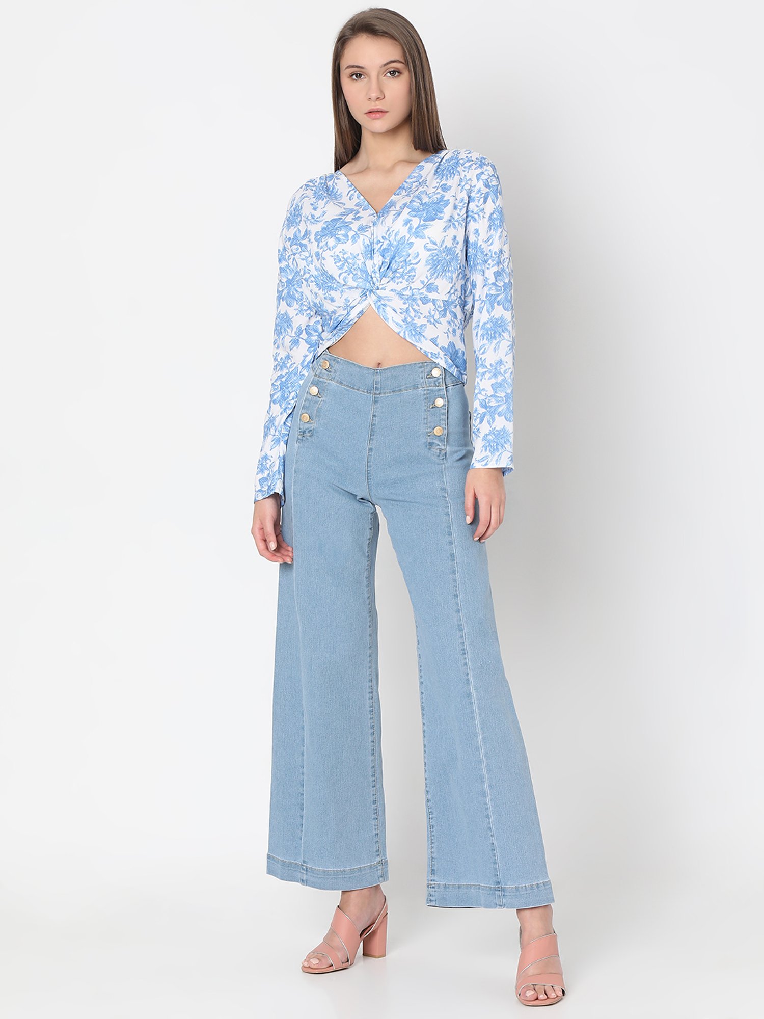 Vero Moda Blue & White Floral Print Crop Top