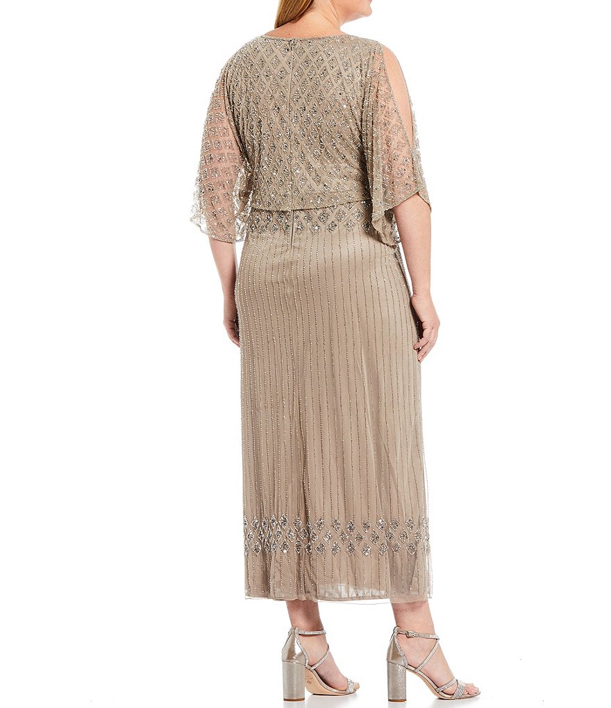 Pisarro Nights Plus Size Round Neck 3/4 Flutter Sleeve Beaded Bodice Blouson Gown