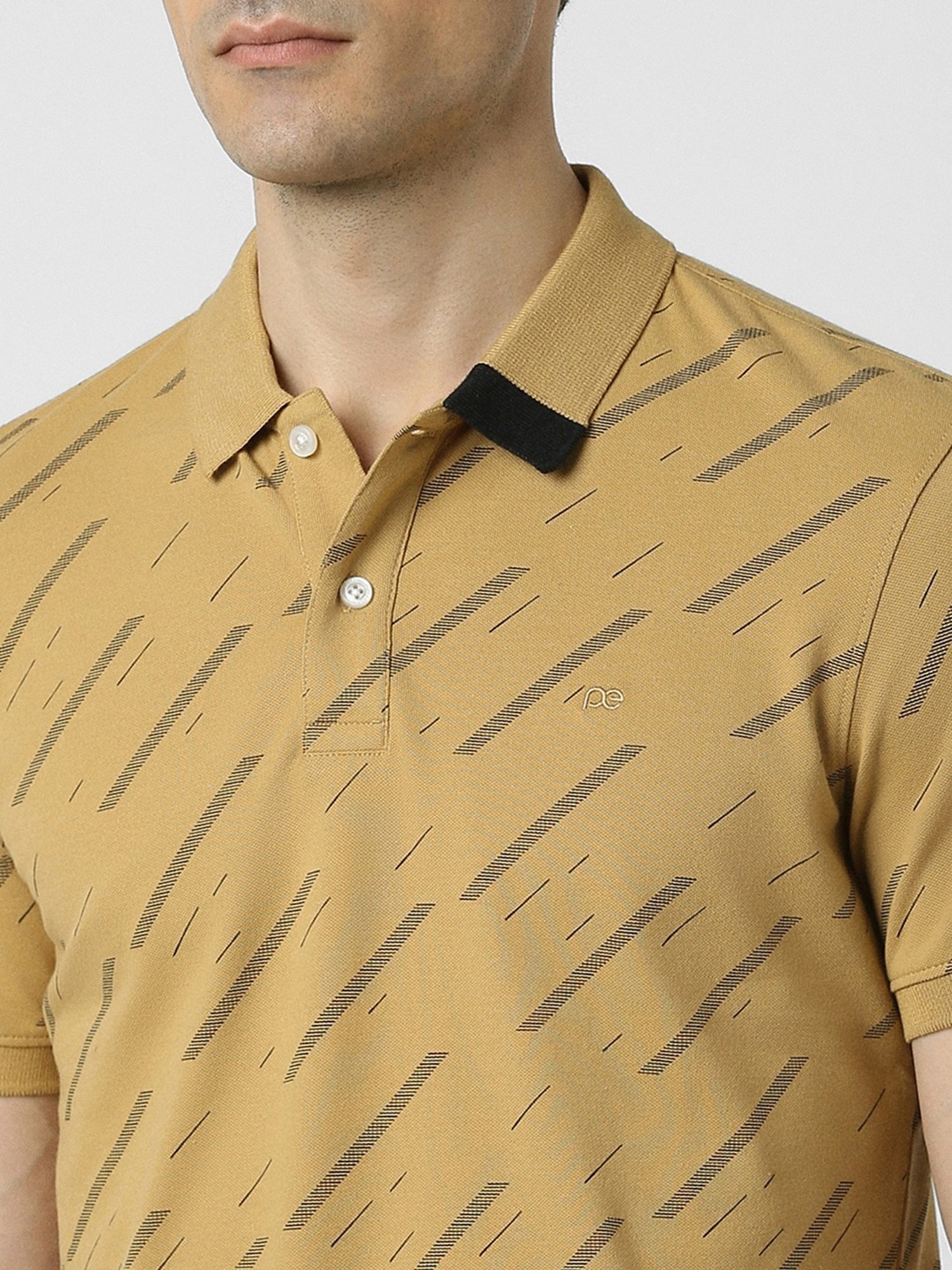 Peter England Yellow Cotton Slim Fit Printed Polo T-Shirt