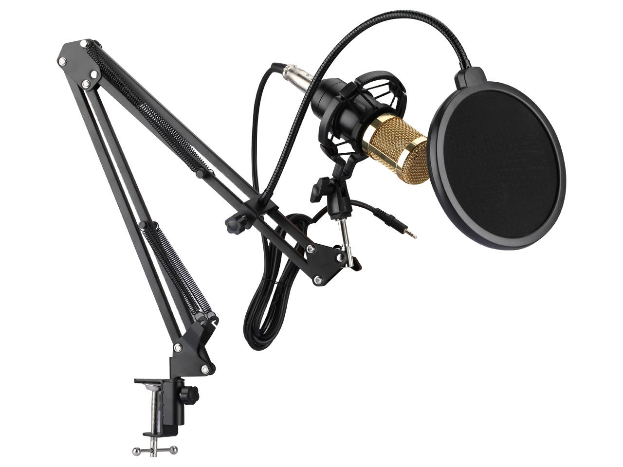 Condenser Microphone
Uni-Directional Condenser Microphone Adjustable Mic Suspension Scissor Arm, Metal Shock Mount and Double-Layer Pop Filter for Studio Recording & Broadcasting (Gold)