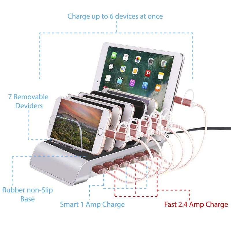 Trexonic 10.2A 6-Port USB Charging Station with Brackets, Silver