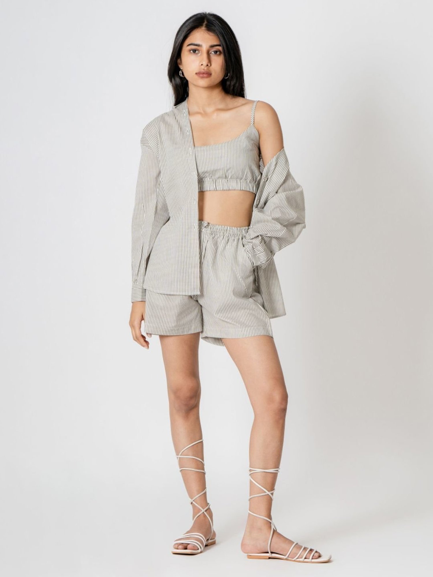 Kameez by Pooja White Capsule 24 Stripes Cotton Top and Jacket with Shorts Co-ord Set