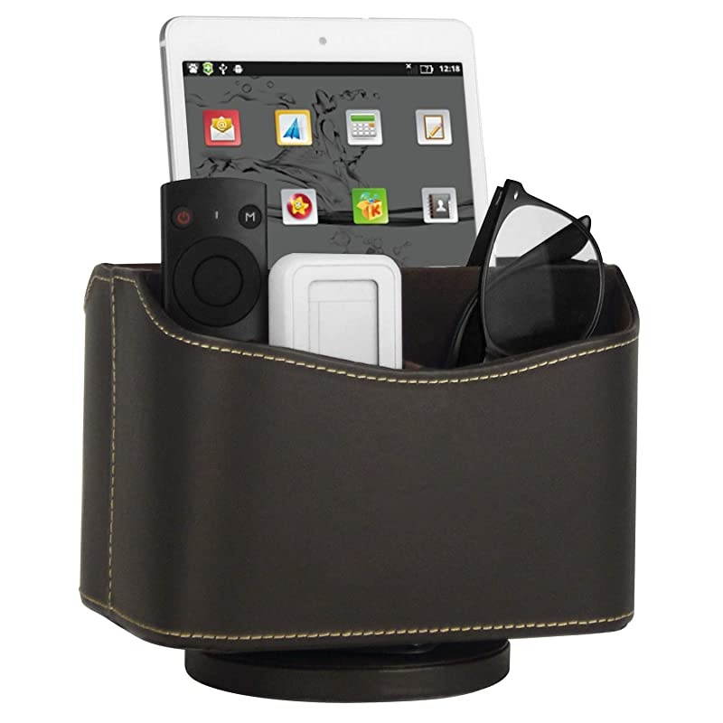 Spinning Remote Control Holder, Remote Controller Holder, Remote Caddy, Media Storage Organizer, Spinning Remote Control Organizer, 7.3X 5.5 x 6 inches, Brown PU Leather