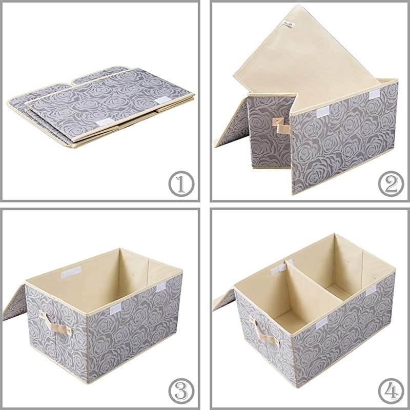 Large Foldable Storage Bins with Lids Fabric Decorative Storage Box Cubes Organizer Containers Baskets with Cover Handles Removable Divider for Home Bedroom Closet 17.3x11.8x9.8 Inch 3 Pack