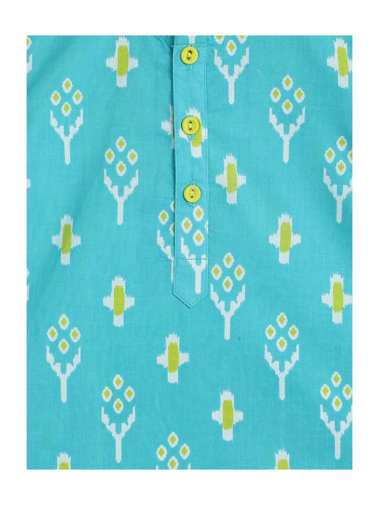 Campana Kids Turquoise & Lime Green Printed Full Sleeves Kurta with Dhoti