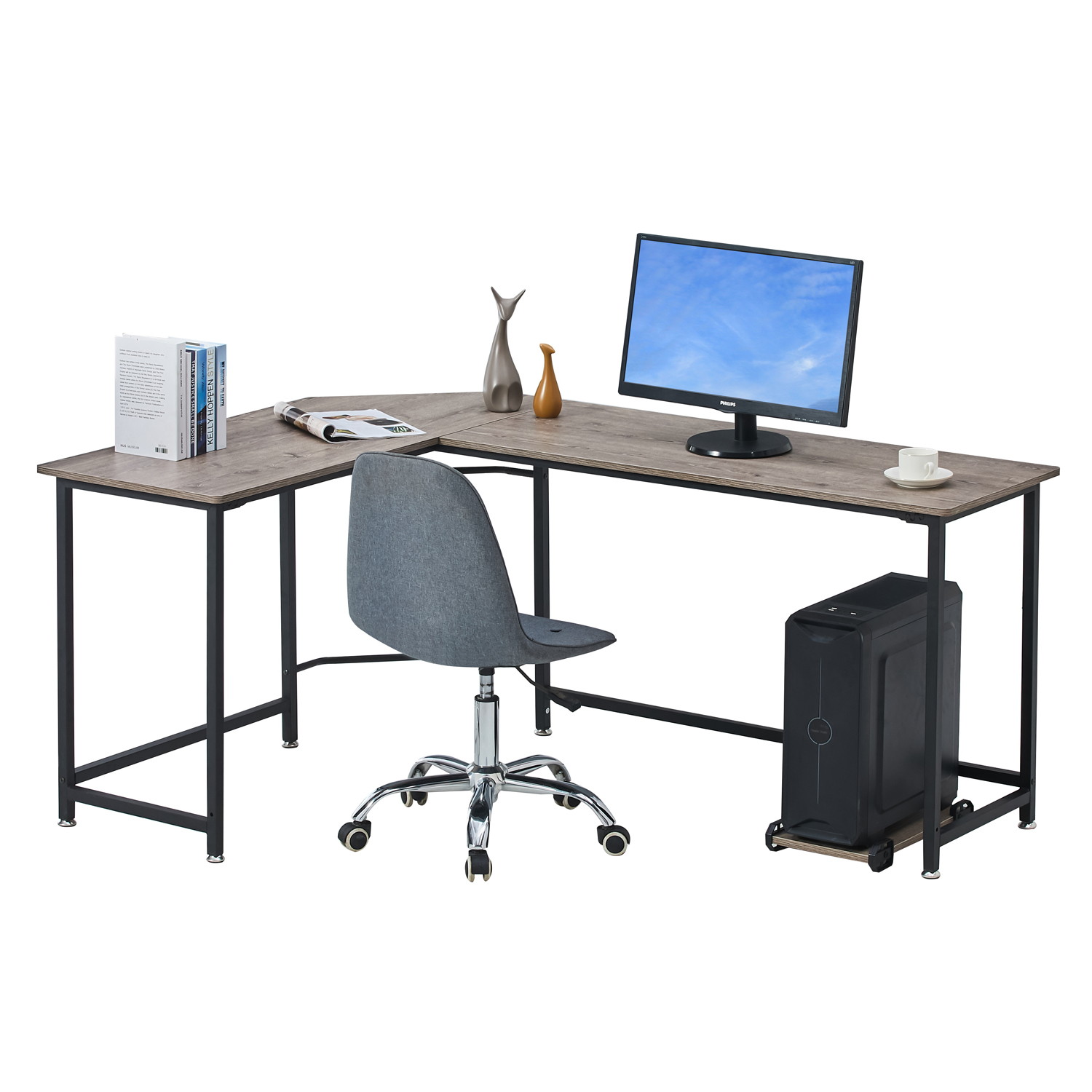 66'' L-shaped Desk Home Office Desk Computer Desk Gaming Desk Large Workstation with CPU Stand and Steel Structure
