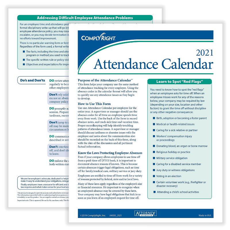 ComplyRight 2021 Attendance Calendar Kit, White, Pack of 50 (A1411W16PK50) 