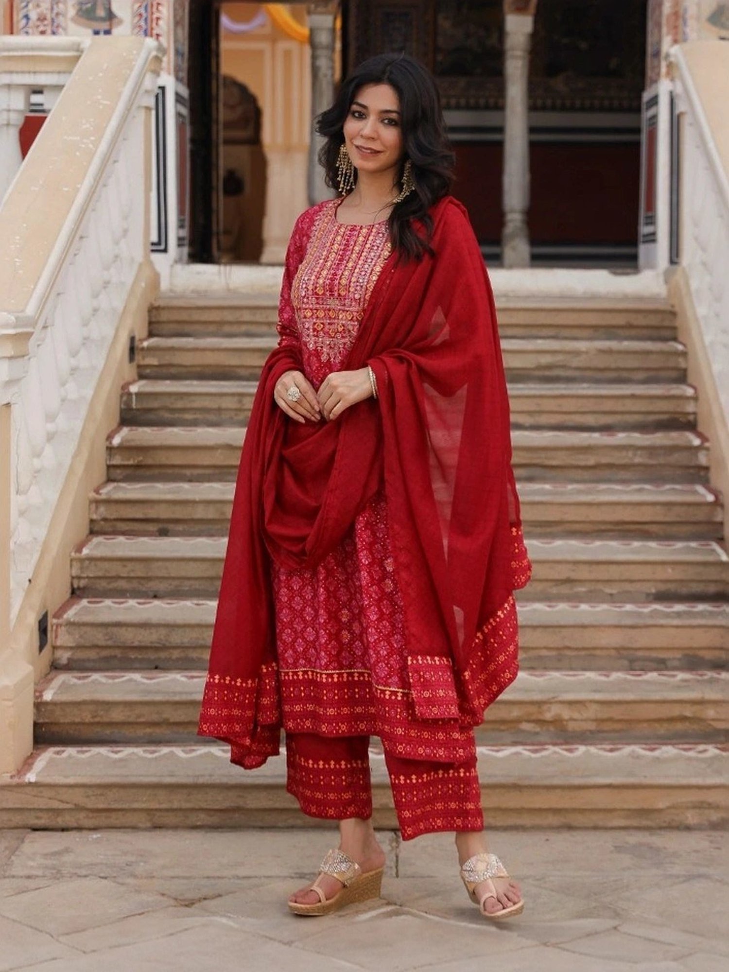 Juniper Red Cotton Embellished Kurta Pant Set With Dupatta