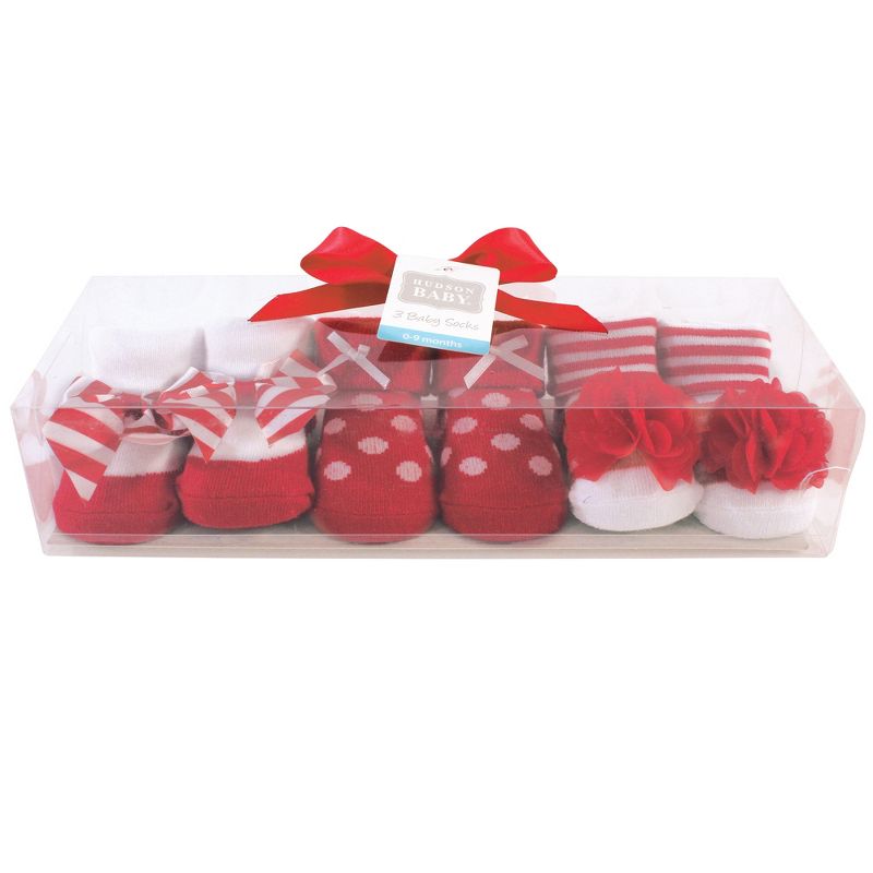 Hudson Baby Infant Girl Socks Boxed Giftset, Red White Stripe, One Size