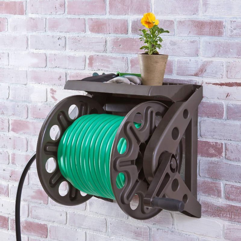 Liberty Garden 225 Foot Liberty Basics Wall Mounted Hose Reel with Shelf, Brown