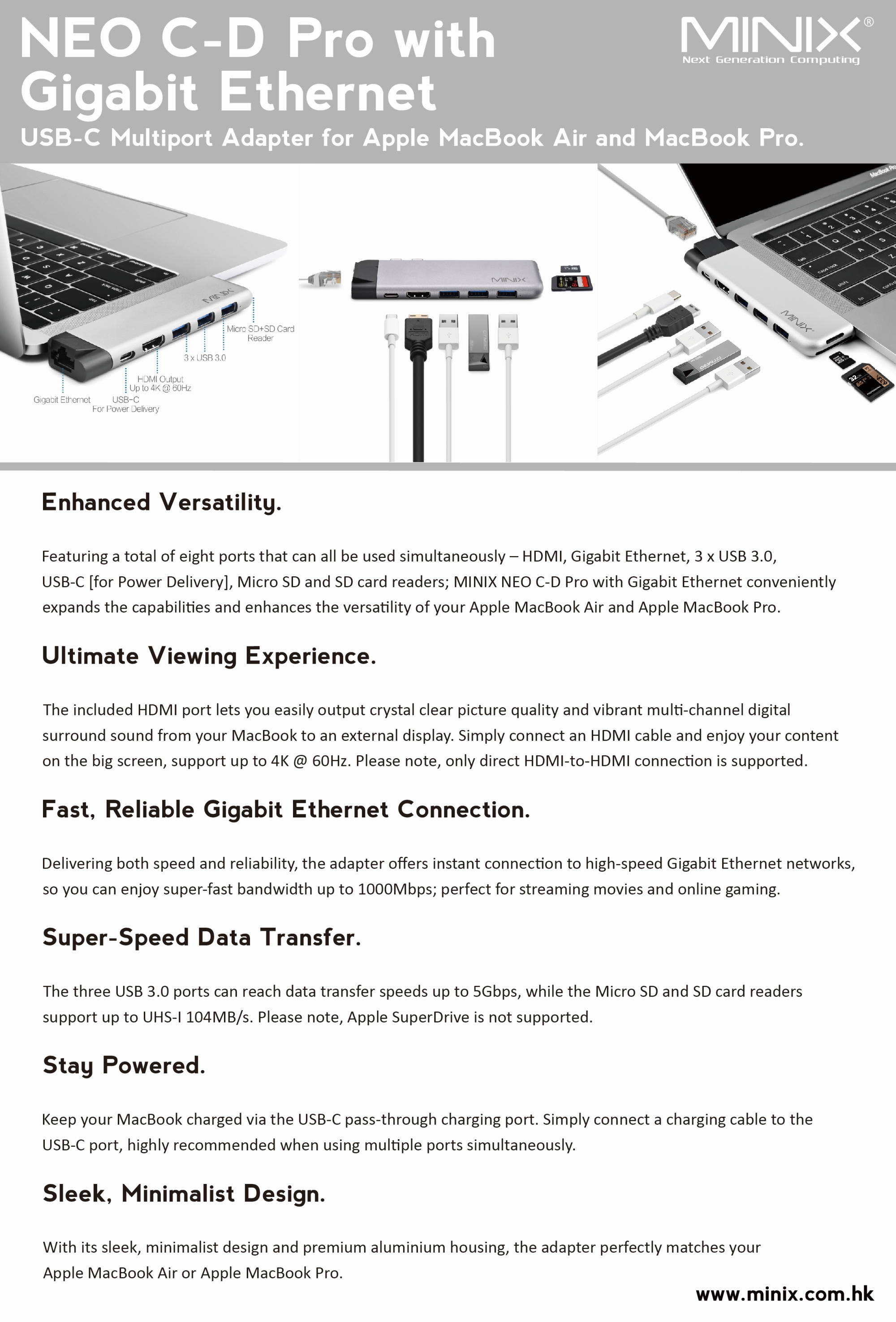 MINIX NEO C-D Pro &nbsp;Aluminum USB C multiport Adapter for Apple Macbook and Macbook Pro USB 3.0 Ports*3, 4K HDMI Ports, Gigabit Ethernet LAN,SD/micro SD Card Reader,USB-C Charging  Gray/Silver