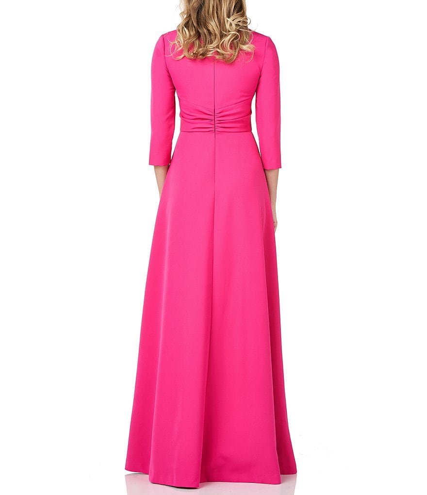 Kay Unger V-Neck 3/4 Sleeve Stretch Crepe Gown