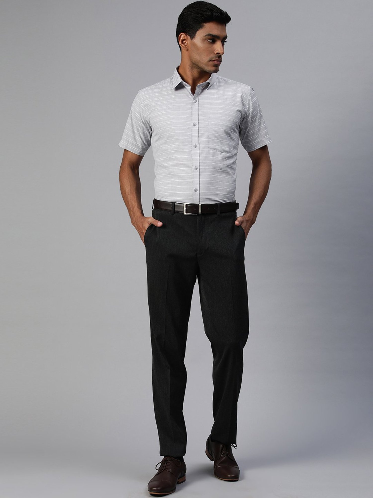 ManQ Grey Regular Fit Striped Shirt