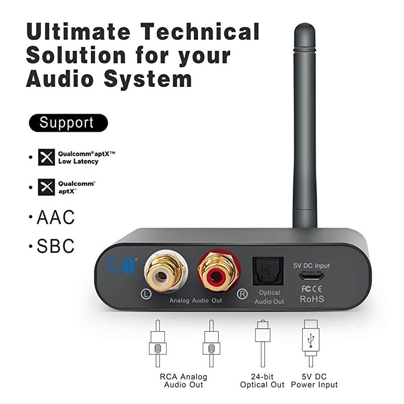 aptX HD 100 Feet Bluetooth Stereo Receiver Builtin Amplifier Antenna with Extra Coverage Wireless Audio Adapter DAC Receiver for Home Stereo Speaker Support RCA to 35mm Optical