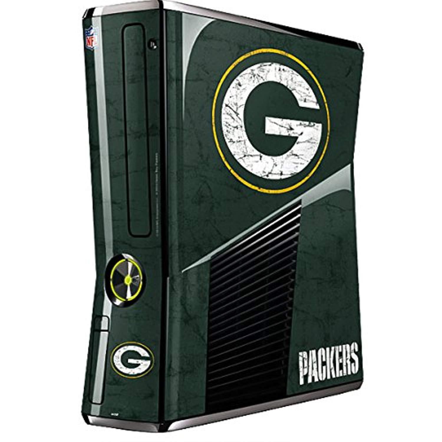 skinit decal gaming skin for xbox 360 slim (2010) - officially licensed nfl green bay packers distressed design