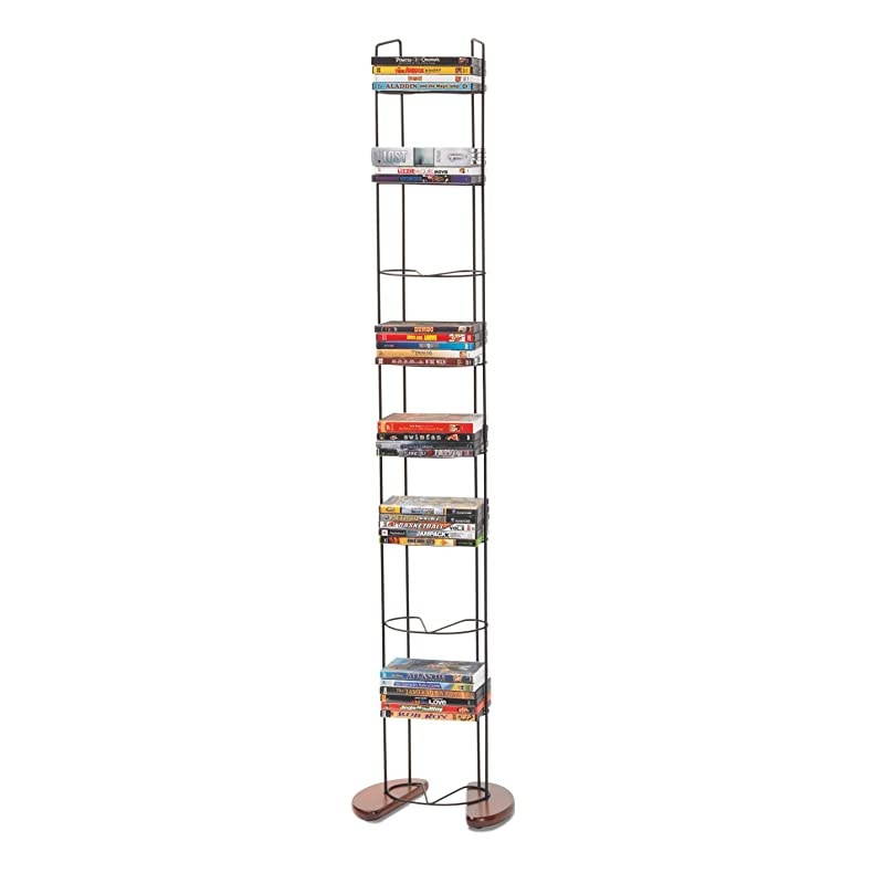Wire Frame Media Tower - 93 DVD Storage Rack, Wide Stable Base, PN 72212041 in Black Metal and Cherry Wood