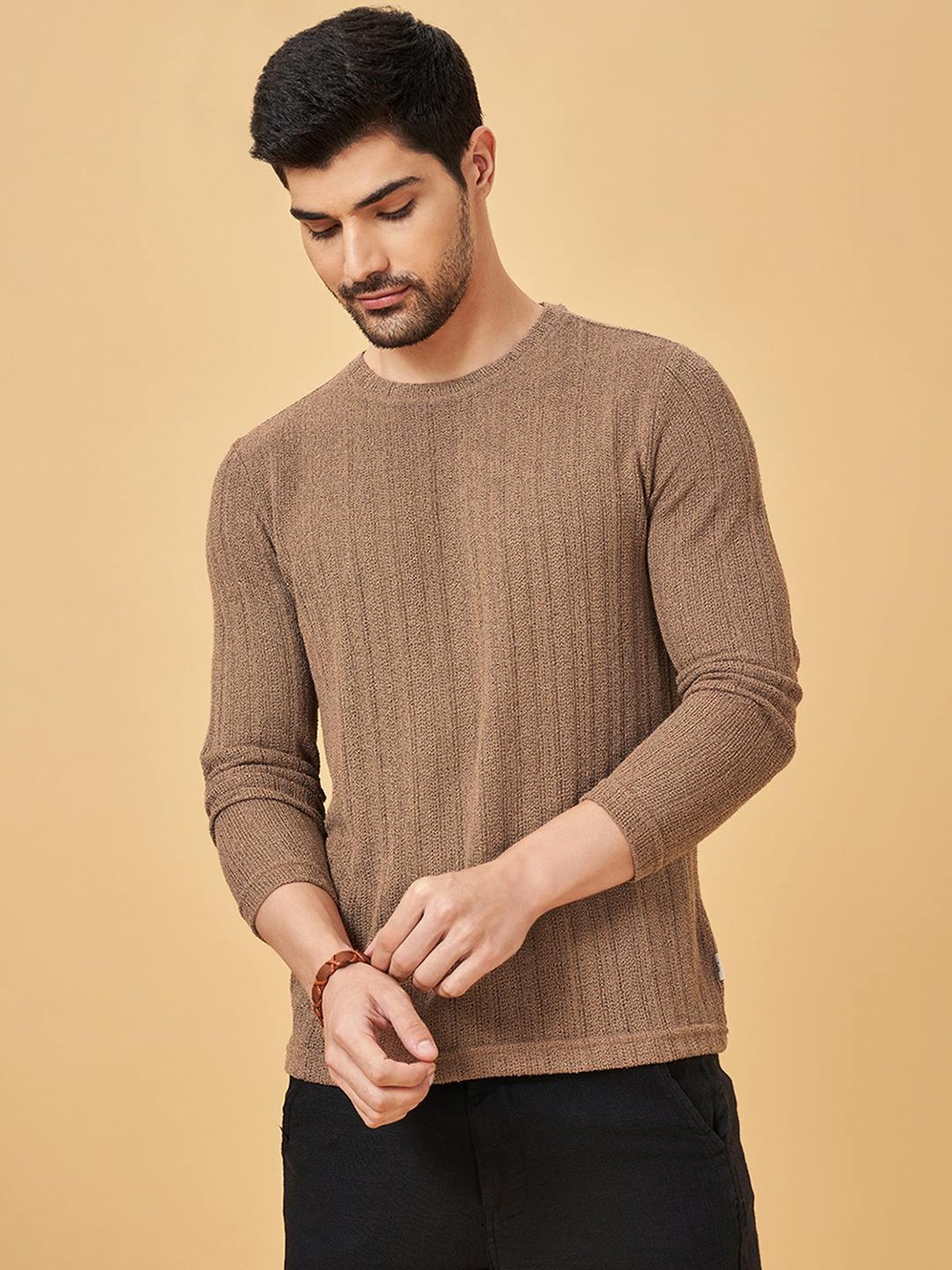 7 Alt By Pantaloons Brown Slim Fit Self Pattern T-Shirt