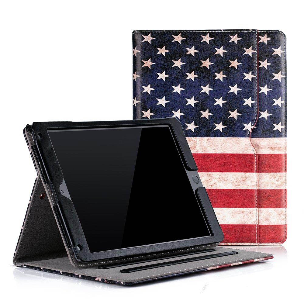 Ruban Case for iPad 9.7 inch 2018/2017 / iPad Air 2 / iPad Air - [Corner Protection] Multi-Angle Viewing Folio Stand Cover w/Pocket, Auto Wake/Sleep, American Flag