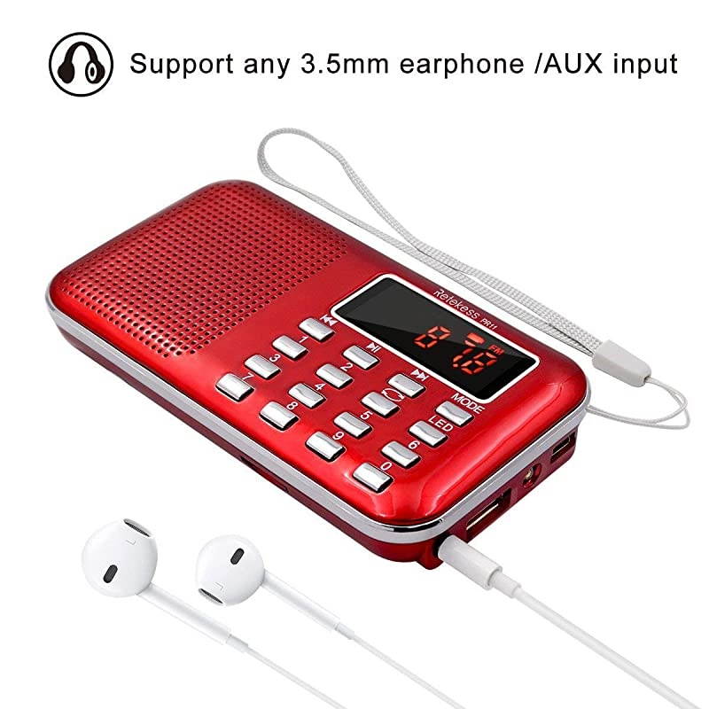PR11 AM FM Radio Portable, Rechargeable Radio Digital Tuning, MP3 Music Player Speaker Support TF, AUX, USB Port(Red)
