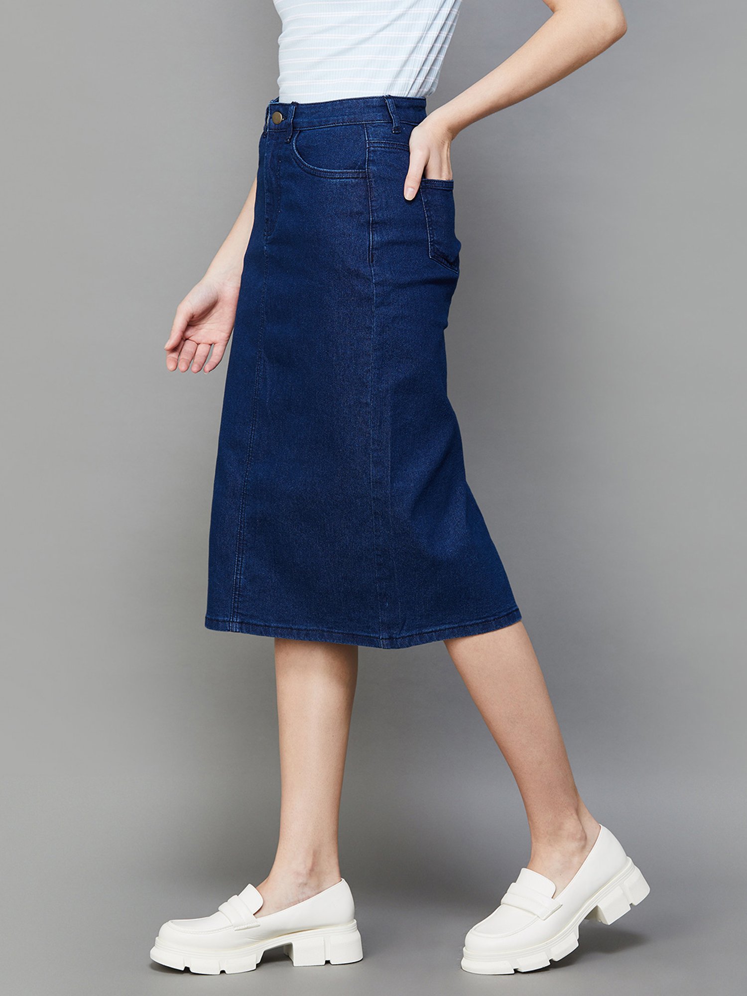 Code by Lifestyle Blue Cotton Midi Skirt