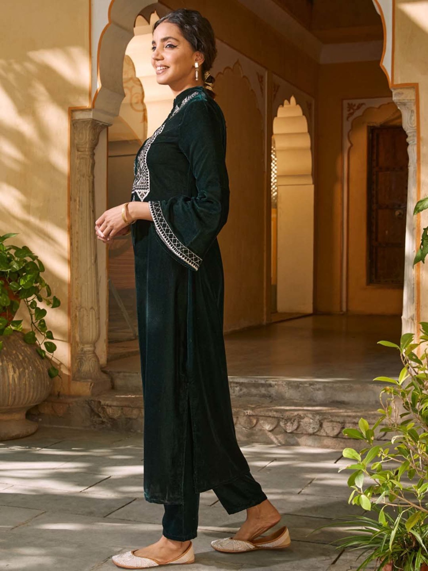 Rustorange Green Embroidered A Line Kurta