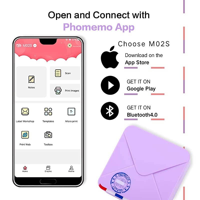M02S Mini Thermal Printer- 300dpi HD Bluetooth Mobile Printer Compatible with iOS and Android, Work with 3 Size Papers, Photo Printer for Plan Journal, Travel, DIY Cards, Gift, Purple